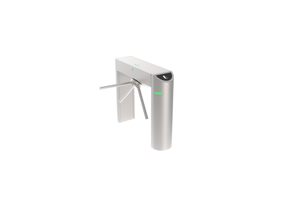 Nowoczesna bramka tripod (kołowrót) do systemu kontroli dostępu, wykonana ze stali nierdzewnej, z czytnikiem kart.